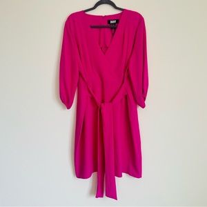 DKNY Women's V Neck Faux Wrap Midi‎ Dress Fuchsia Pink Size 8